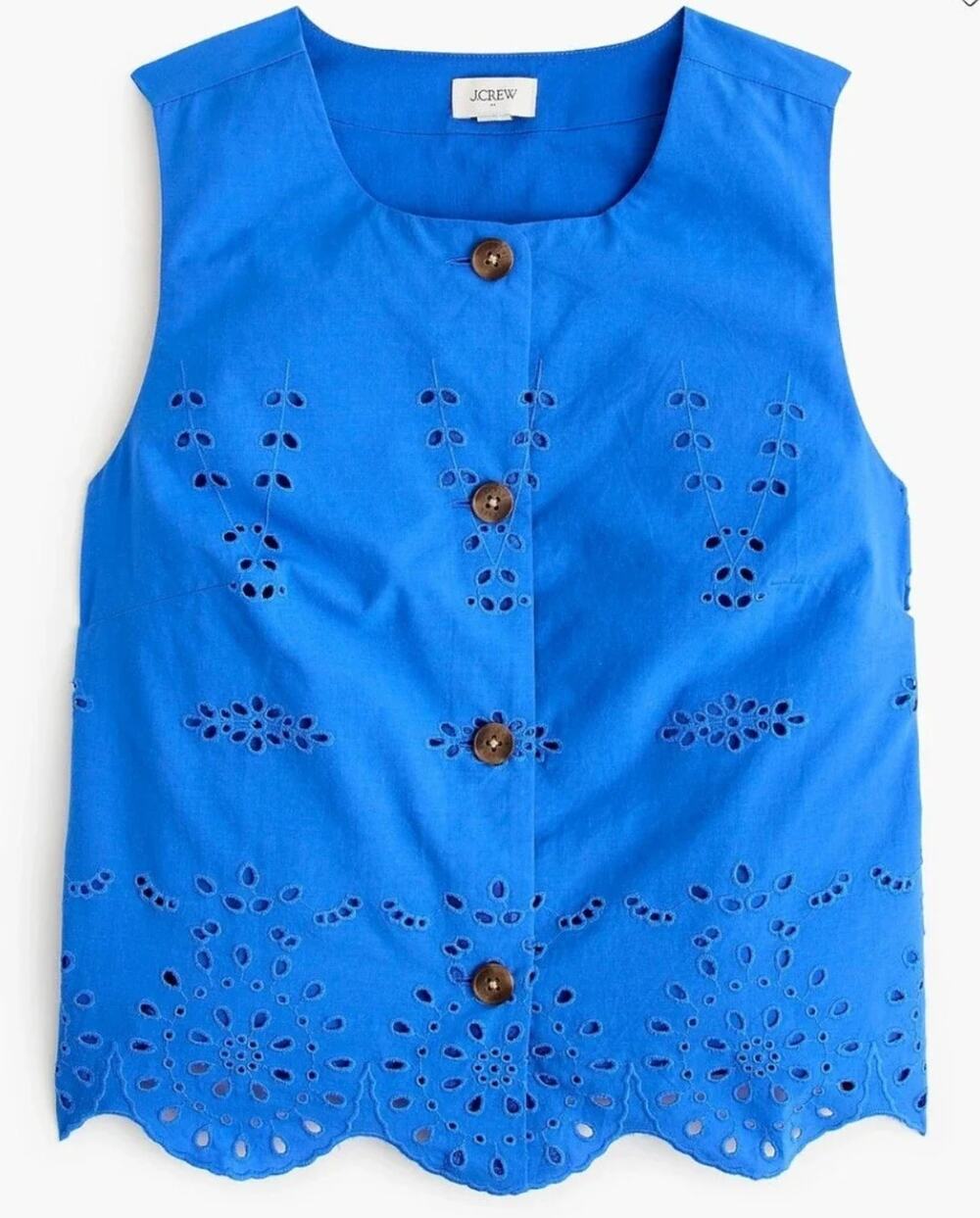 J Crew Eyelet Shell Tank M NWT Blue Top CU691 Floral Coastal Nautical